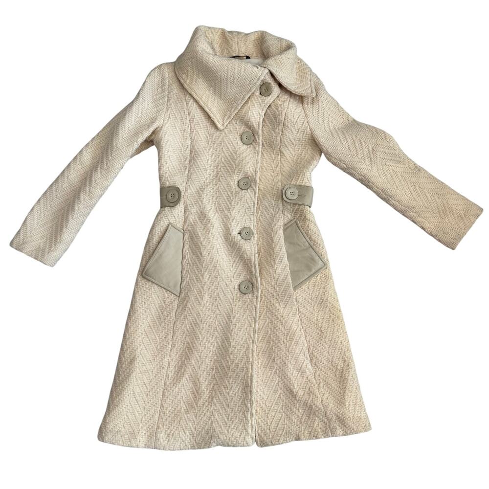 Mackage Petite Ivory Herringbone Wool Coat Leather Trim P/S EUC Canada